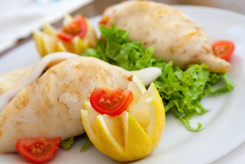 Squid Stuffed with Seafood in White Plate Stock Photo Image of dish