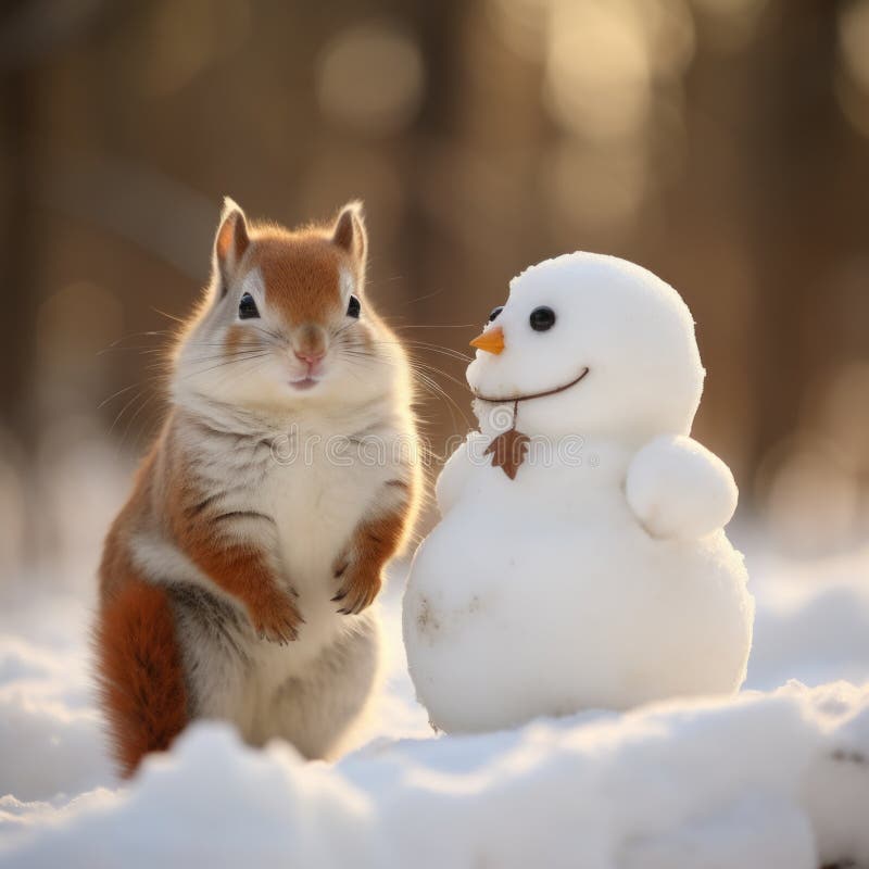 A squirrel and a snowman in the snow, AI royalty free stock image