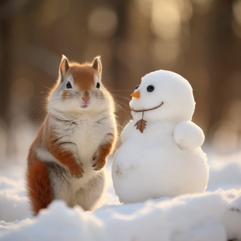 A squirrel and a snowman in the snow, AI