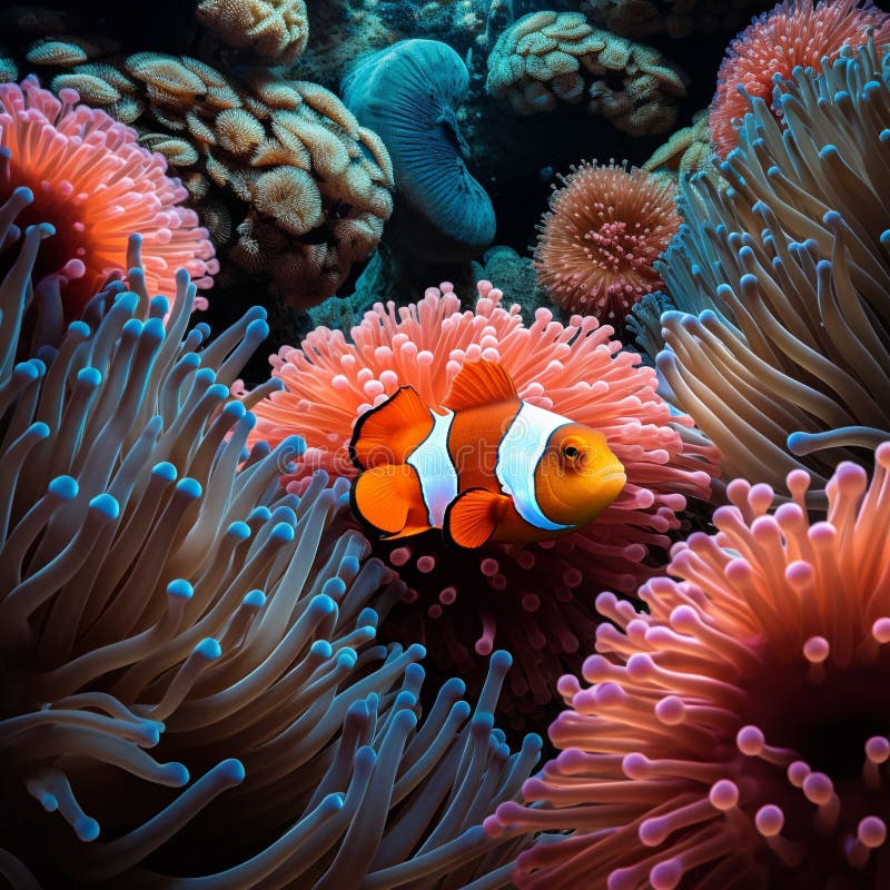 Squisita scena subacquea con lussuosi pesci di paglia e un anemone di mare vibrante royalty illustrazione gratis