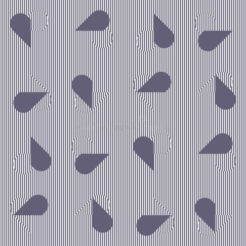 Purple and striped half hearts on striped background. Abstract seamless vector pattern with moirÃ© effect. stock illustration