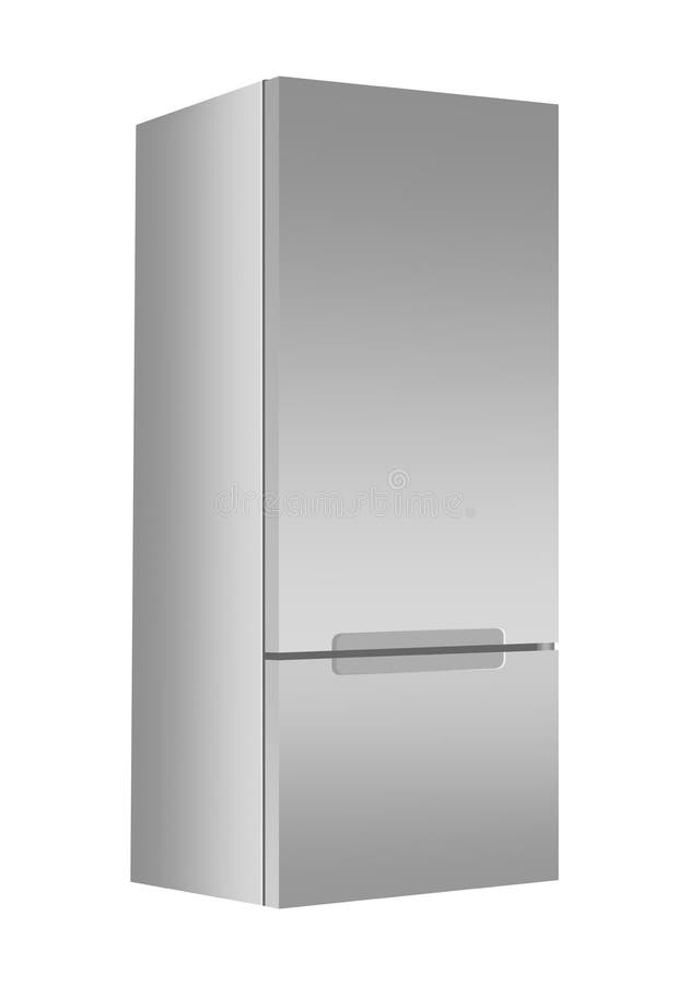 Srebna chłodziarka z chłodnią na białym tle Nowożytny 3d fridge z drzwi Domowy kuchenny elektryczny urządzenie ilustracji Srebna chłodziarka z chłodnią na białym tle Nowożytny 3d fridge z drzwi Domowy kuchenny elektryczny urządzenie ilustracji