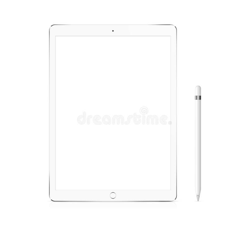 Silver Apple iPad Pro portable device mockup with pencil. Silver Apple iPad Pro portable device mockup with pencil