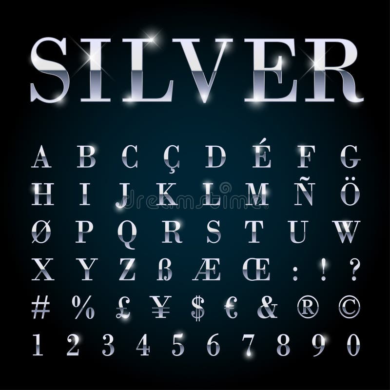 Silver metal font set with letters, numbers, currency sings and special alphabet symbols. Silver metal font set with letters, numbers, currency sings and special alphabet symbols