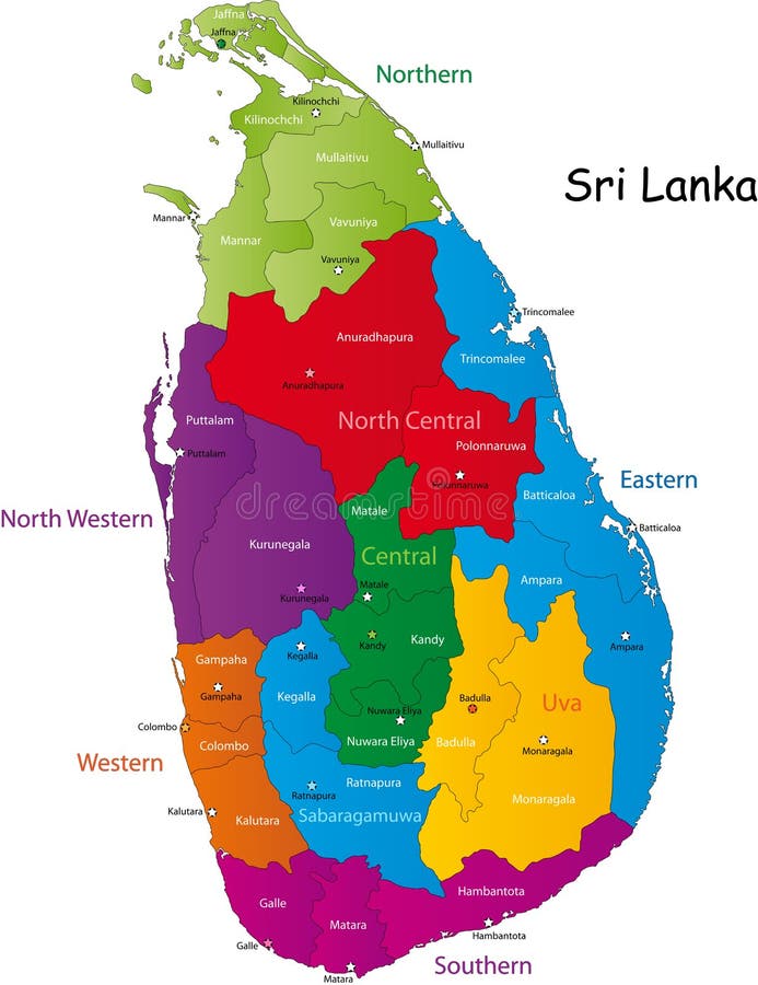 Srí Lanka mapa navržen ilustrace s regionů a provincií s hlavním měst.