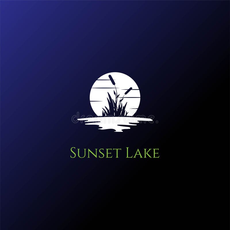 Sunset Sunrise Moon Grass Cattails Reed River Lake Creek Logo Design Vector