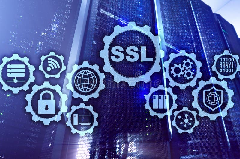 SSL Secure Sockets Layer concept. Cryptographic protocols provide secured communications. Server room background. royalty free illustration