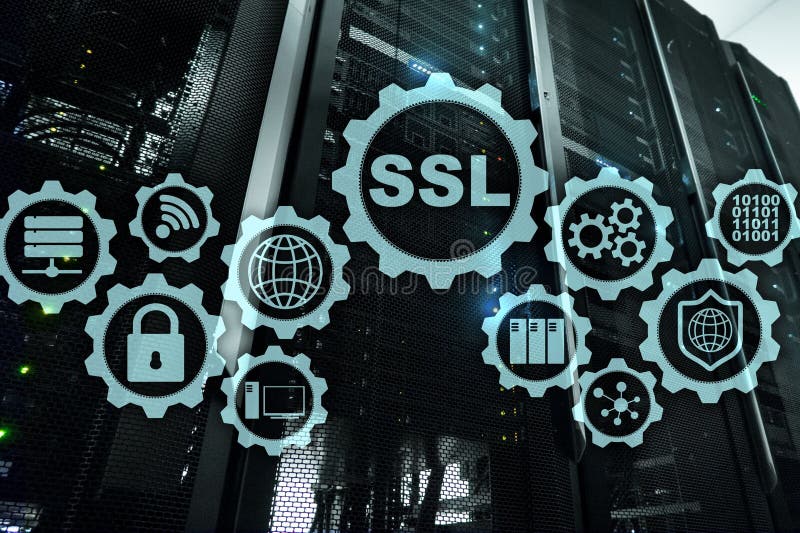 SSL Secure Sockets Layer concept. Cryptographic protocols provide secured communications. Server room background. royalty free illustration