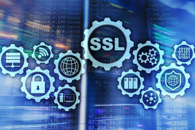 SSL Secure Sockets Layer concept. Cryptographic protocols provide secured communications. Server room background. stock illustration