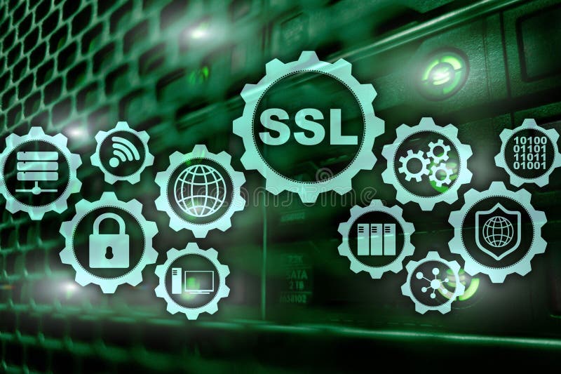 SSL Secure Sockets Layer concept. Cryptographic protocols provide secured communications. Server room background. stock illustration