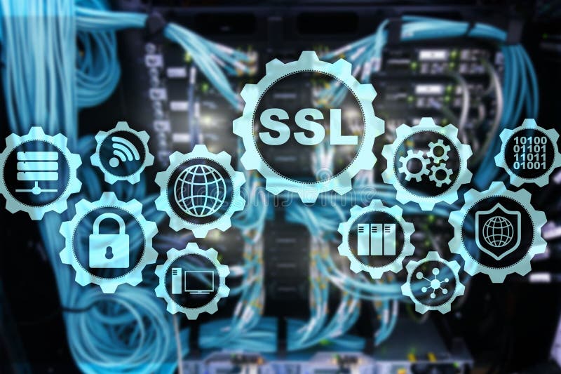 SSL Secure Sockets Layer concept. Cryptographic protocols provide secured communications. Server room background. stock illustration