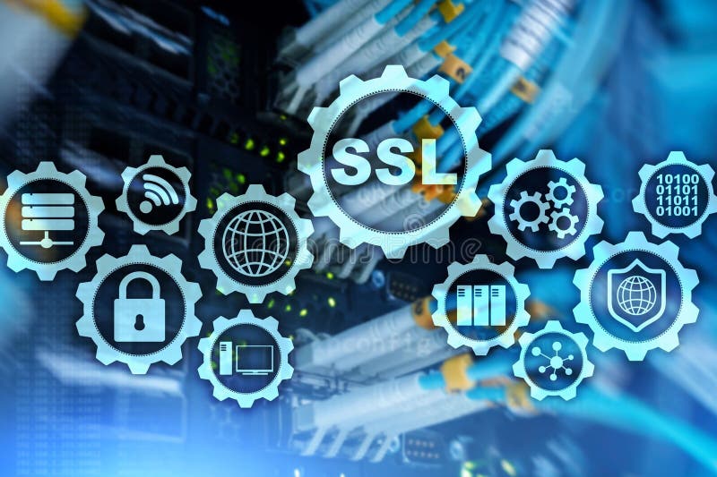 SSL Secure Sockets Layer concept. Cryptographic protocols provide secured communications. Server room background. stock illustration