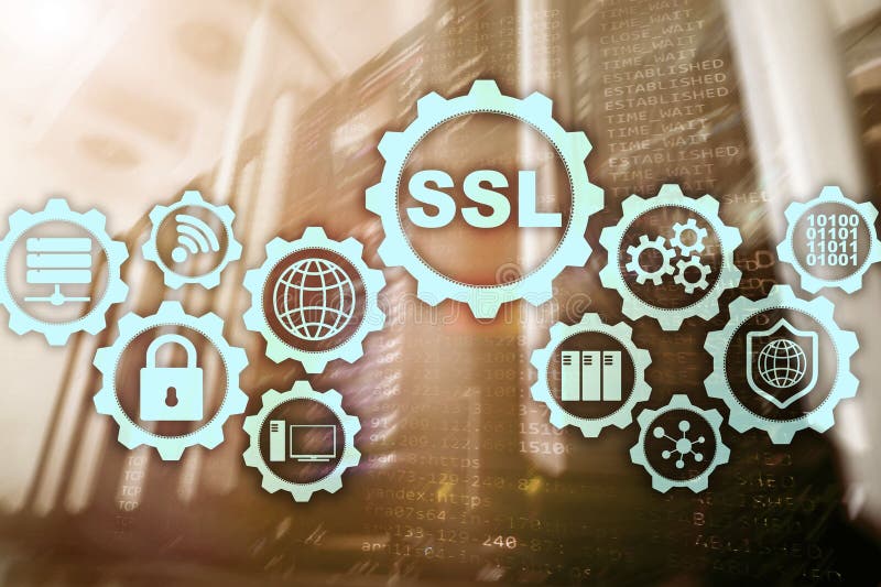 SSL Secure Sockets Layer concept. Cryptographic protocols provide secured communications. Server room background vector illustration