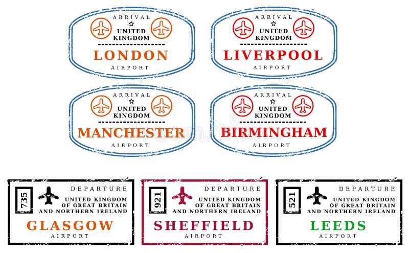 Travel stamps from United Kingdom (UK). Grungy stamps (not real). Argentinian destinations: London, Liverpool, Manchester, Birmingham, Glasgow, Sheffield and Leeds. Travel stamps from United Kingdom (UK). Grungy stamps (not real). Argentinian destinations: London, Liverpool, Manchester, Birmingham, Glasgow, Sheffield and Leeds.