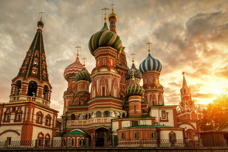 St Basil`s Cathedral and Moscow Kremlin at sunset, Russia