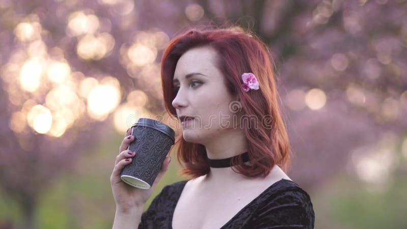 St? enden av den lyckliga unga loppdansarekvinnan som tycker om fri tid i en sakura k? rsb? rblomning, parkerar - den Caucasian vita arkivfilmer
