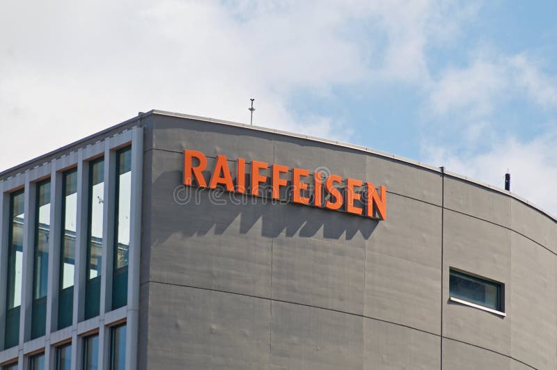 Raiffeisen Bank sign at headquarters in St. Gallen