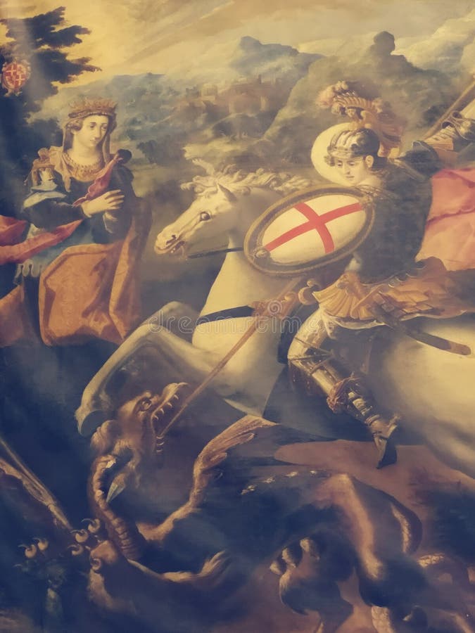 St George conquering the dragon by Francesco Potenzano in St John's Co Cathedral, Malta. St George slaying the dragon, painting by Francesco Potenzano royalty free stock photos St George conquering the dragon by Francesco Potenzano in St John's Co Cathedral, Malta. St George slaying the dragon, painting by Francesco Potenzano royalty free stock photos