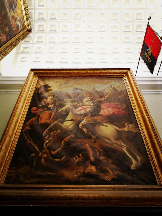 St George conquering the dragon by Francesco Potenzano in St John& x27;s Co Cathedral, Malta. St George slaying the dragon, painting by Francesco Potenzano stock image St George conquering the dragon by Francesco Potenzano in St John& x27;s Co Cathedral, Malta. St George slaying the dragon, painting by Francesco Potenzano stock image