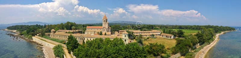 Abbaye de Lerins, Iles St Honorat, off Cannes.rnrnThe island and abbey buildings which off Cannes, France. Abbaye de Lerins, Iles St Honorat, off Cannes.rnrnThe island and abbey buildings which off Cannes, France.