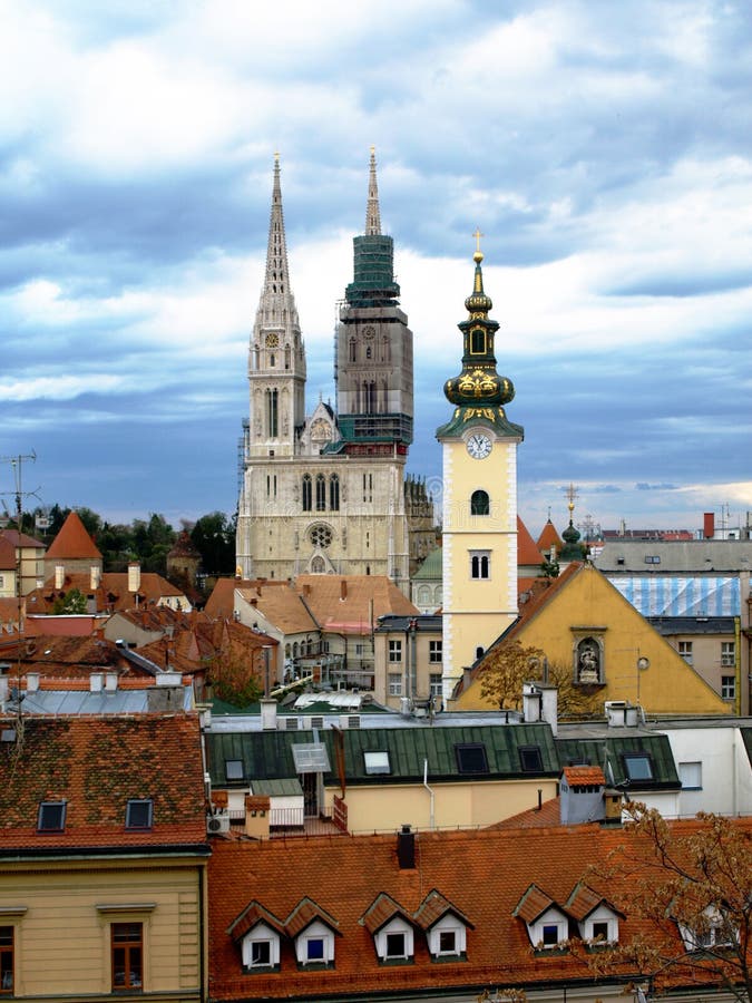 Spires of St Marks Church and Zagreb Cathedral Croatia stock photos