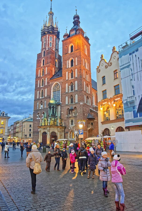 St Mary Basilica and street market in the Main Market Square of