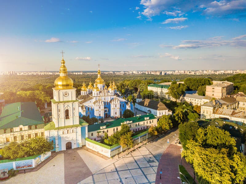 St. Michael`s Golden-Domed Monastery in Kiev Ukraine. View from above. aerial photo