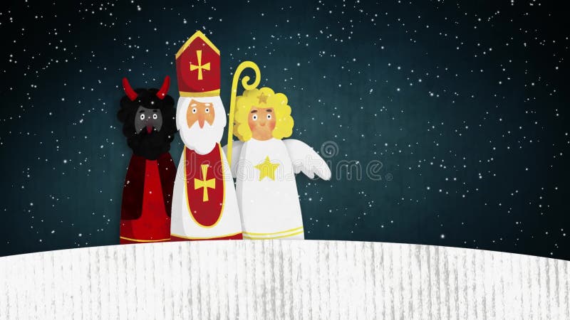 St. Nicholas, devil and flying angel walking in snow. European Christmas tradition. Hand drawn watercolor artistic animation.