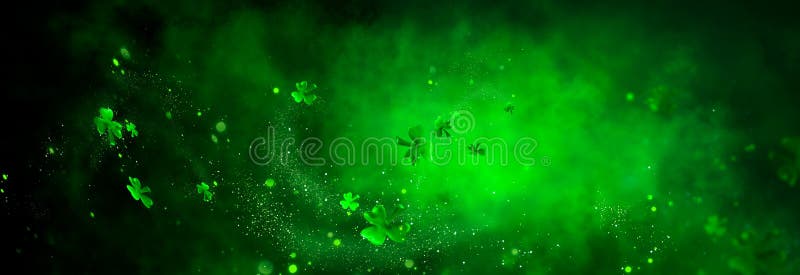 St. Patrick`s Day abstract green background decorated with shamrock leaves. Patrick Day pub party celebrating. Abstract Border art design magic backdrop. Widescreen clovers on black with copy space.