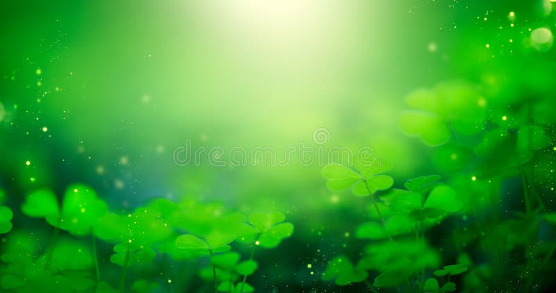 St. Patrick`s Day green blurred background with shamrock leaves. Patrick Day. Abstract border art design. Magic clover nature backdrop