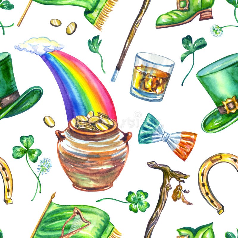 St. Patrick`s Day seamless pattern on a white background: hat, pot of gold coins, rainbow, clover, boot, horseshoe, hat, flag with Celtic harp