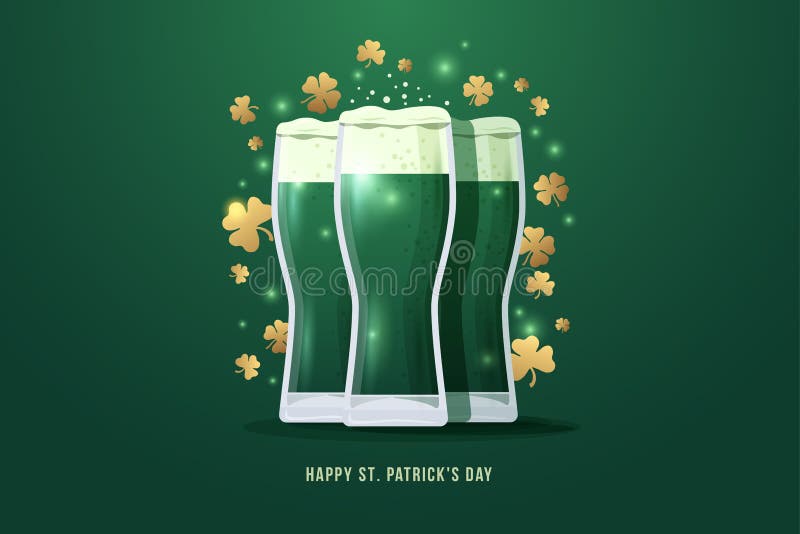 St patrick s дня счастливый Изображение 3 стекел пива с клевером золота выходит на зеленую предпосылку иллюстрация вектора