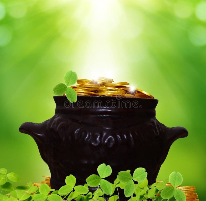 St. Patricks Day card with pot of coins. St. Patricks Day card with pot of coins