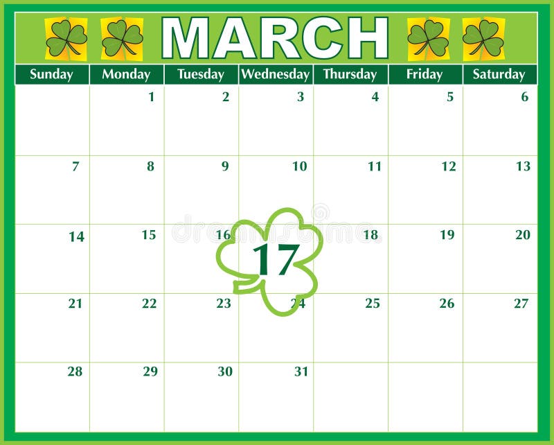 St. Patricks Day Calendar stock vector. Image of calendar 12106986