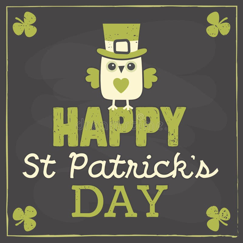 st patricks day card cute owl chalkboard happy menu poster template leprechaun sitting text greeting effect 39437672