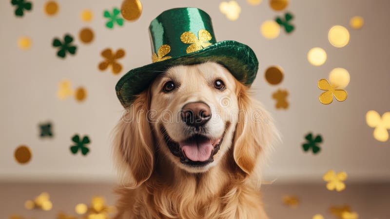St patricks day dog un chien moelleux portant un chapeau leprechaun vert assis sous un arc-en-ciel doré au milieu de pièces et de photo libre de droits