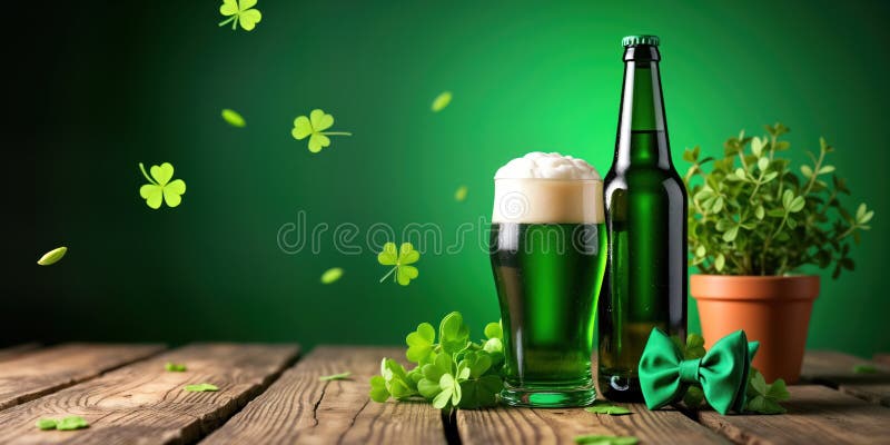 St patricks day-firande. Grönt öl i glasflaska på träbord. för att klämma in grön bågtid på bordet. irländsk semester stock illustrationer