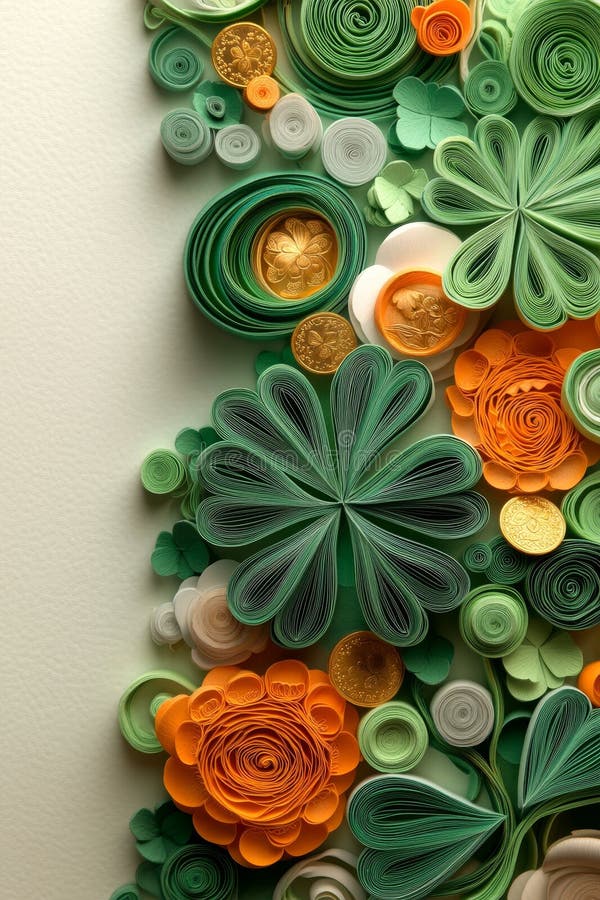 St. Patricks Day firas med en vertikal banderoll som innehåller gröna papper, klöver och guldmynt royaltyfria foton