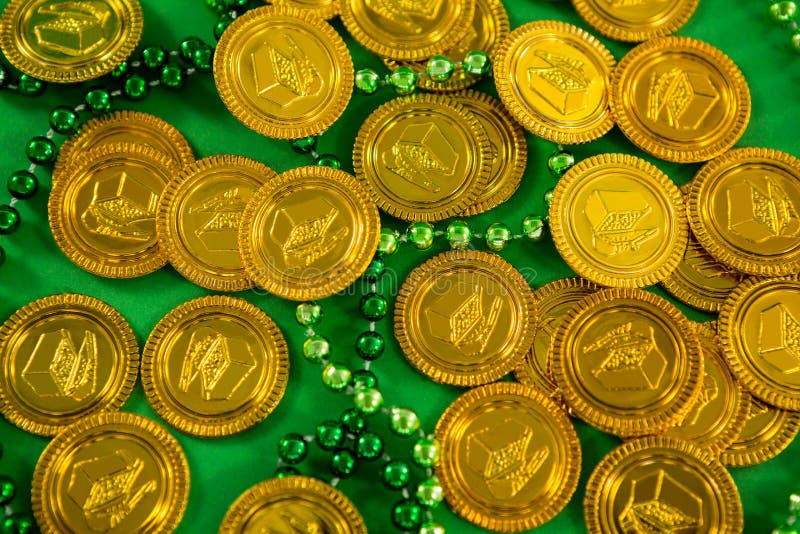 St Patricks Day Gold Chocolate Coins and Beads Stock Photo Image of gold, golden 87440852