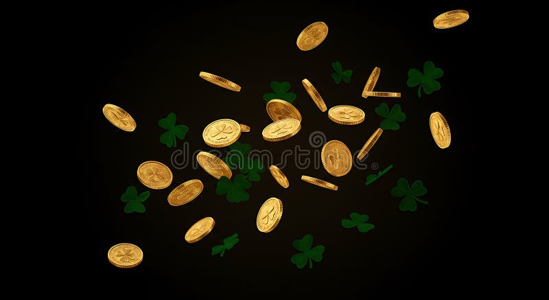 This striking image captures a dynamic burst of golden coins interspersed with deep green shamrocks floating against an isolated black backdrop. The coins, many featuring clover details, convey themes of wealth, luck, and celebration, perfect for promotions or holiday visuals. Rendered by Ai, this visualization emphasizes high contrast and motion, creating a compelling sense of raining fortune and. Fortune raining illustrations