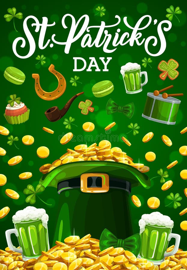St Patricks day leprechaun gold coins in green hat