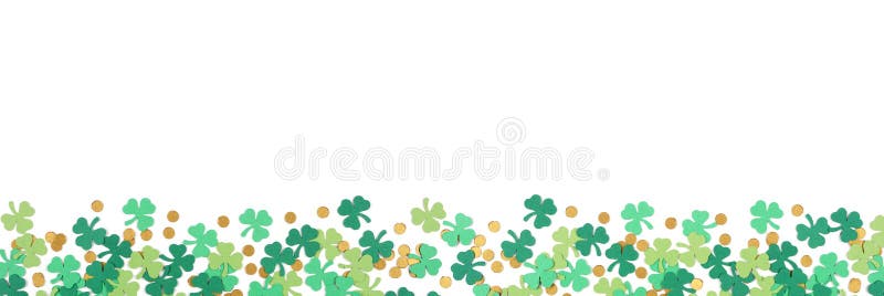 St Patricks Day shamrock and gold coin confetti banner border isolated on a white background with copy space