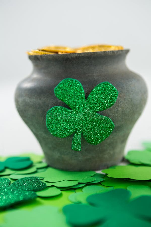 St. Patricks Day Shamrocks and Pot Filled with Chocolate Gold Coins ...