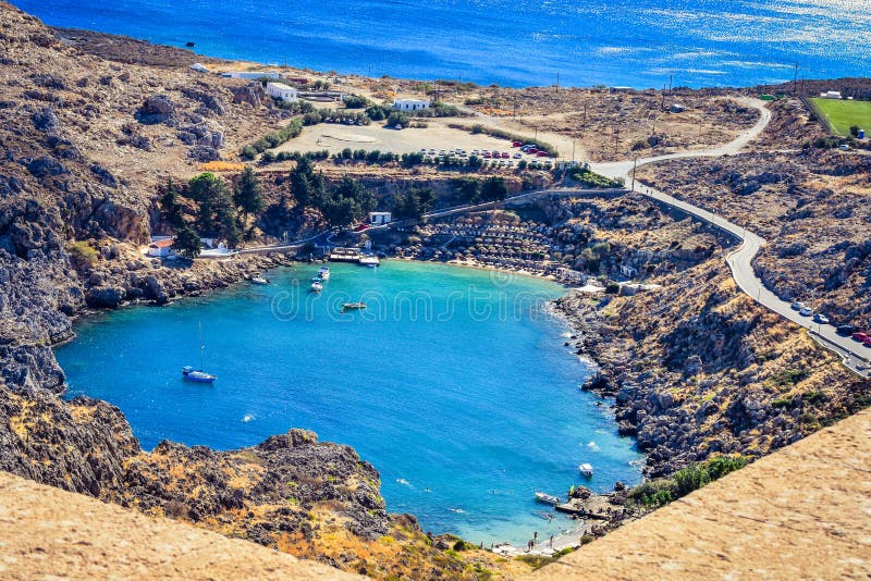 St Paul baythe serce Lindos obraz stock St Paul baythe serce Lindos obraz stock