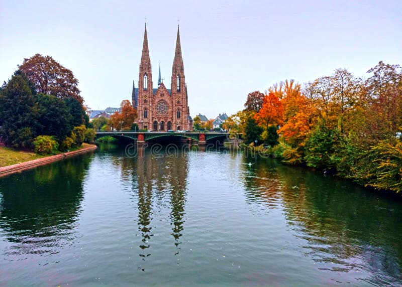 The St. Paul`s Church of Strasbourg in fall season , France