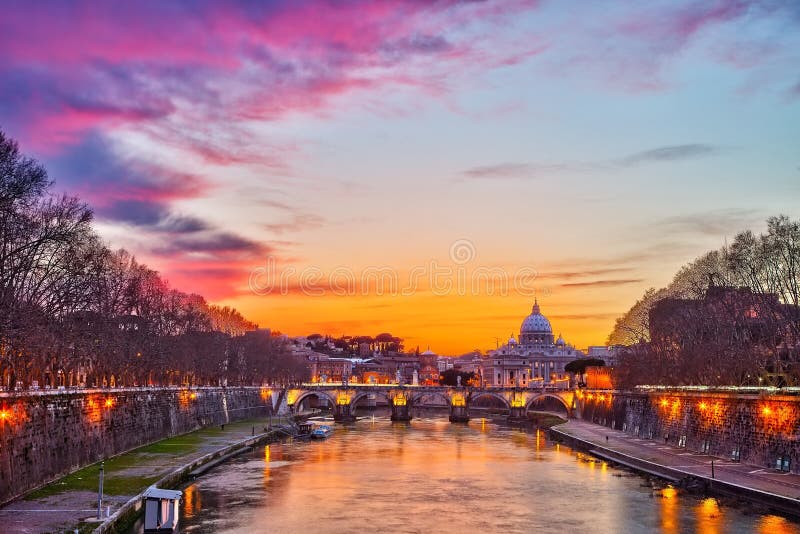 Night view of Tiber river in Rome, Italy. Hdr bridge stock images, royalty-free photos and pictures