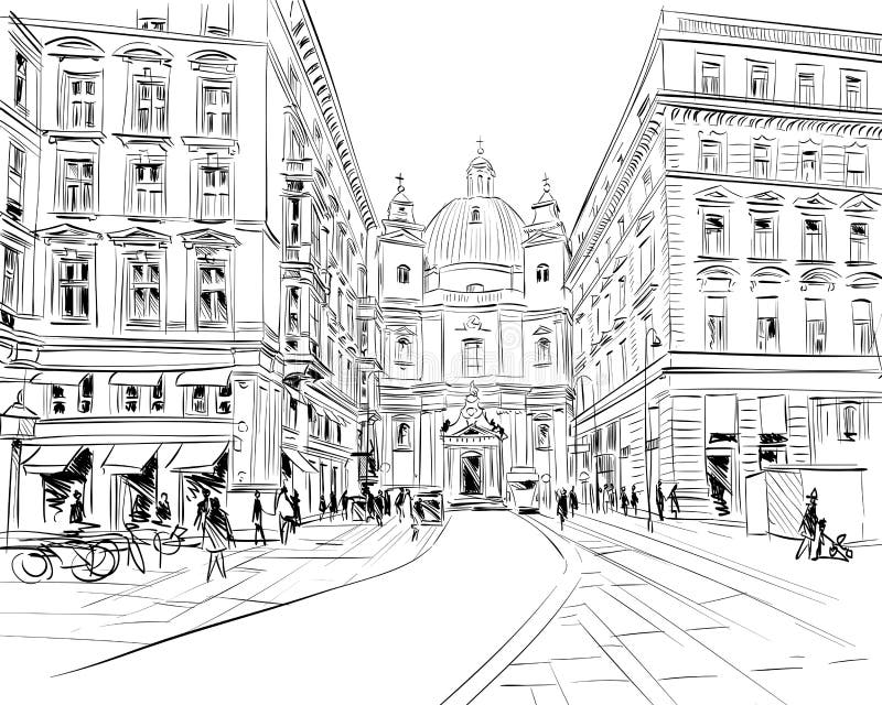 St. Peter`s Church. Vienna, Austria. Hand drawn sketch vector illustration.