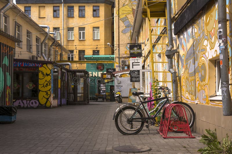 St. Petersburg, Russia. August 7, 209. The courtyard of the old house with Bicycle Parking and shops