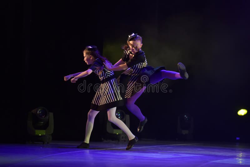 Children`s dance outdoor festival, theatricalized performance of children on stage