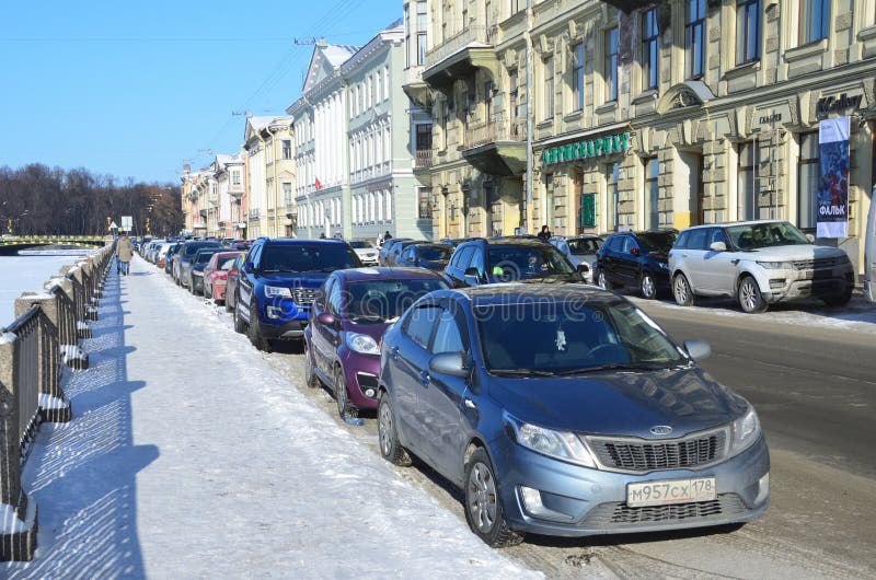 St. Petersburg, Russia, February, 27, 2018. Saint Petersburg, cars on the embankment of Fontanka river in winnter